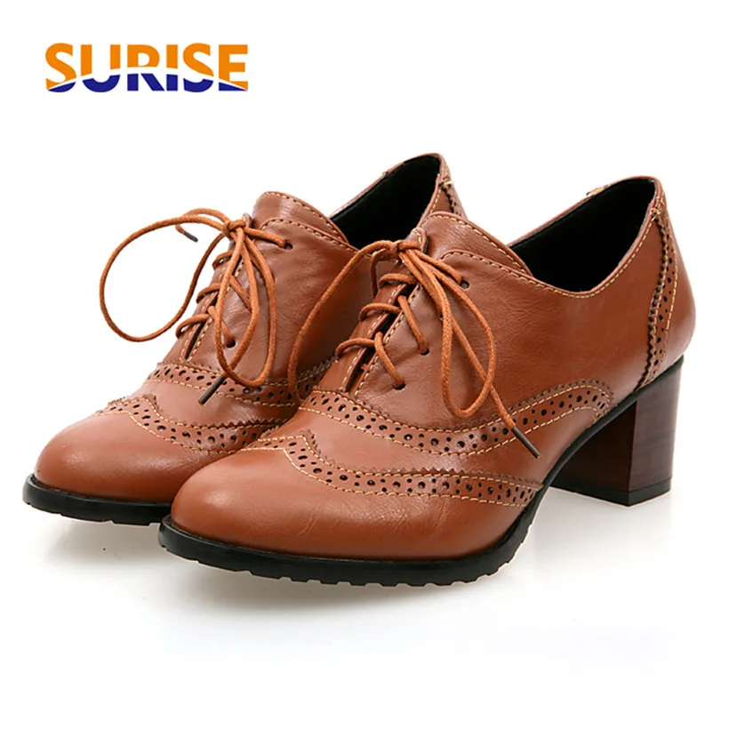 Oxford Brogue Leather - British Women Oxfords High Block Heels